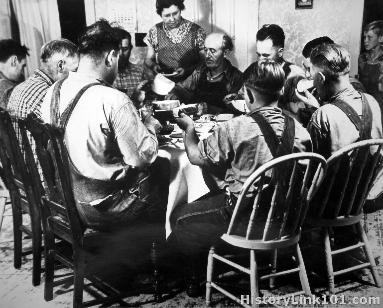 Farm hands at dining table