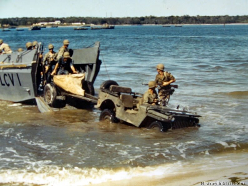 Royalty Free Picture of Jeep leaving Higgins Boat. 1943