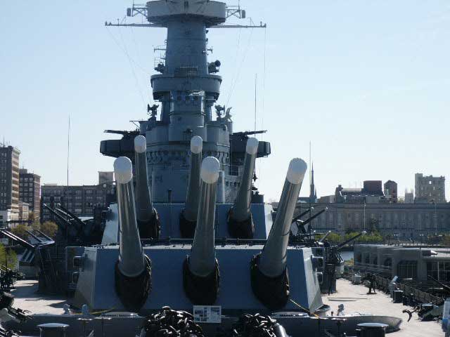 Royalty Free Picture of Battleship North Carolina's  16 inch guns from bow of the boat