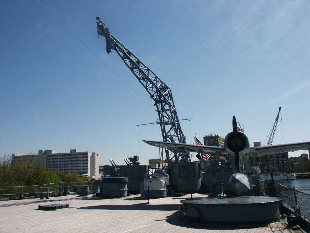 Royalty Free Picture of Battleship North Carolina's Kingfisher Plane and Crane 